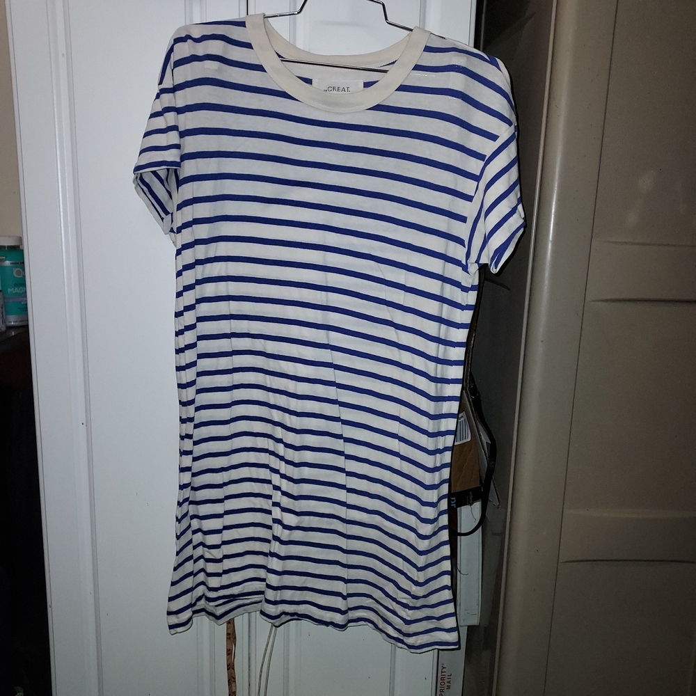 THE GREAT. Blue and White Striped 100% Cotton Mini Dress